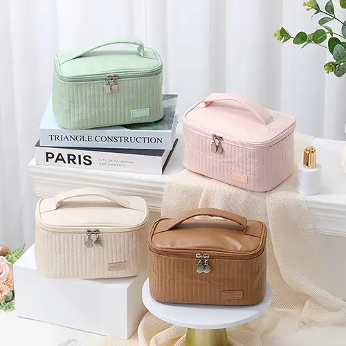 Bearky New Open Cover Cake Travel Make Up Bag PU Solid Color Portable Leather Flat Makeup Bag